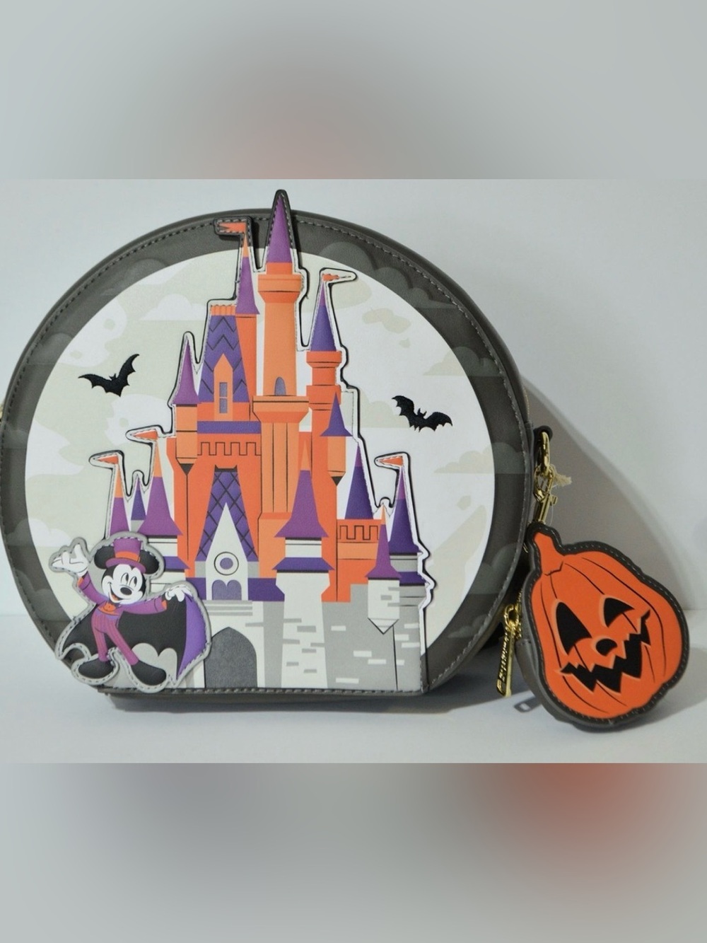 Loungefly Gray Round Crossbody with Orange & Purple Halloween Castle
